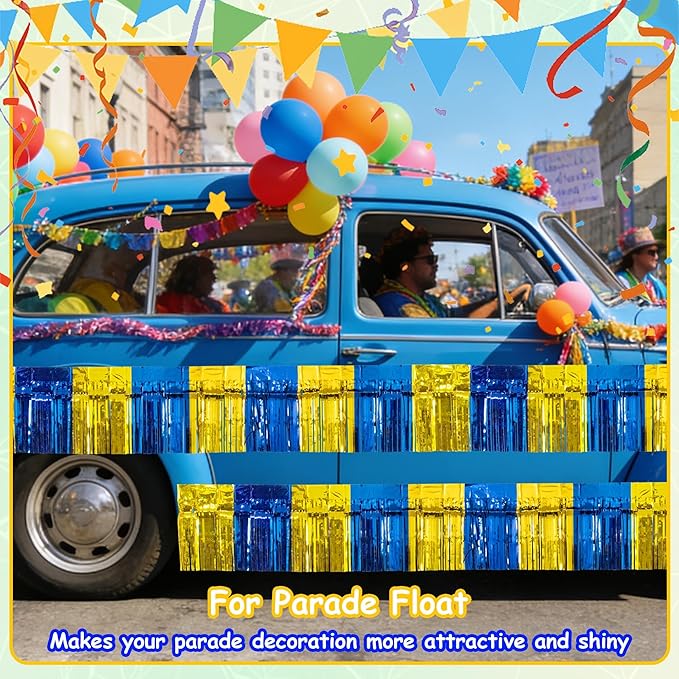 4 Pack 10 Feet Graduation Parade Floats Foil, Royal Blue Gold Fringe Garland Tinsel Streamers Banner Fringe Curtain Banner for Graduation Homecoming Birthday Party Decorations (Royal Blue, Gold)