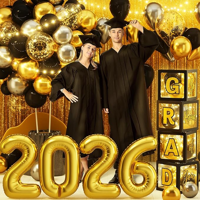 Graduation Party Decoration Class of 2026, 86PCS Black & Gold Graduation Party Supplies High School College Grad Balloon Boxes with Letter, Foil Curtains, LED String Light, Balloon Garland Kit