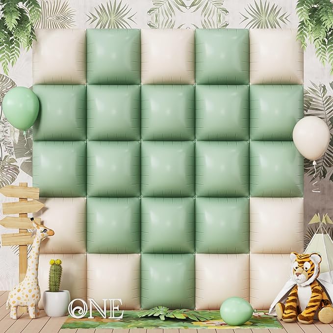 Sage Green Square Foil Balloon Wall, 25PCS Double Sided Mint Green and White Square Balloons Backdrop, Foil Balloons Flat Tunnel Background for Boho Birthdays Baby Shower Jungle Safari Theme Wedding
