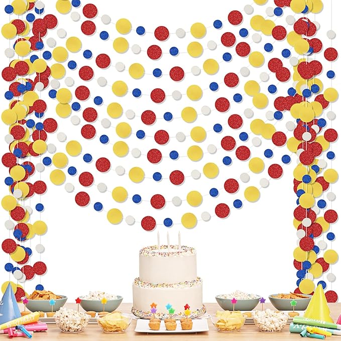 Outus 10 Pieces Colorful Dots Paper Garland Easter Decor Round Glitter Hanging Confetti Streamers Backdrop for Spring Birthday Classroom Halloween Trunk or Treat Car Decoration (Red,Blue,Yellow)