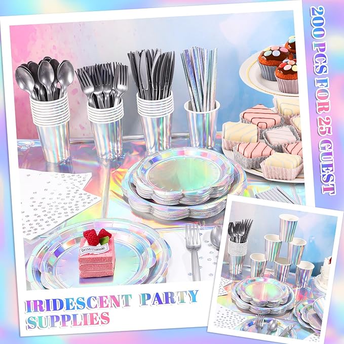 200 Pcs Iridescent Party Supplies Decorations, 25 Guest Scalloped Iridescent Graudation Plates and Napkins Bachelorette Decorations Holographic Tableware for Birthda Bridal Wedding Disco