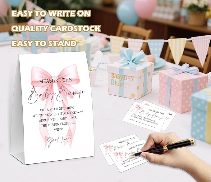 Pink Bow Measure the Baby Bump Game, Baby Shower Game, Include One 5×7 Sign and 50 Guessing Cards, Pink Coquette Bow Gender Reveal Party Decoration Supplies - FI01