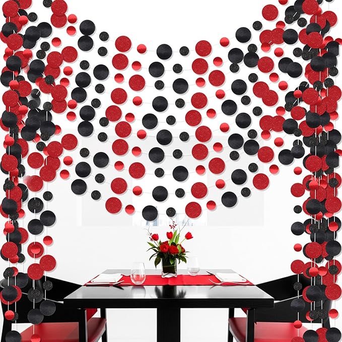 Outus 10 Pieces Black,Red Round Dots Garland Easter Graduation Party Hanging Decor Each Length 13.1ft Glitter Paper Dot Streamers for Birthday Wedding Classroom