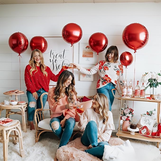 12PCS Red Round Foil Balloons, 22" 15" 10" Large 4D Ball Balloons Metallic Red Mirror Sphere Balloon for Graduation Christmas Valentines Day Wedding Birthday Party Ceiling Decorations