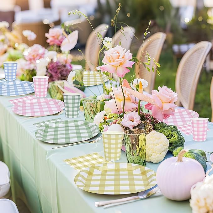 72Pcs Gingham Party Supplies 9 Inch Easter Party Colorful Dessert Paper Plates and Napkins Set Easter Disposable Round Picnic Plaid Plates Napkins Cups Checkered Dinnerware Set for Baby Shower Wedding