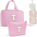 YOOLIFE Hanging Toiletry Bag for Women - Travel Toiletry Bag Makeup Bag, Portable Toiletries Cosmetic Bag, Airplane Travel Essentials - Letter T, Pink