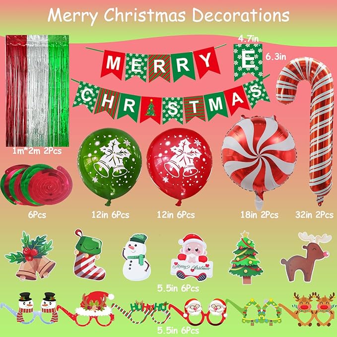 Christmas Decorations, Merry Christmas Decor Banner Hanging Swirls Candy Cane Balloons Tinsel Backdrop Glasses Frames for Indoor Outdoor Decorations