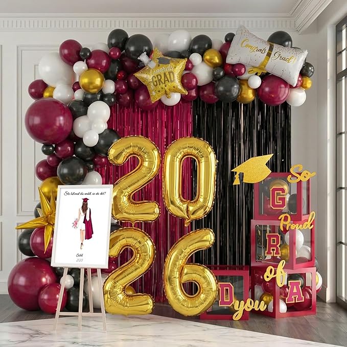 Graduation Decorations Class of 2026 - Maroon and Gold Graduation Decorations Set of 4 GRAD Balloon Boxes with Fringe Curtains So Proud of You Congrats Grad Party for Any Grades