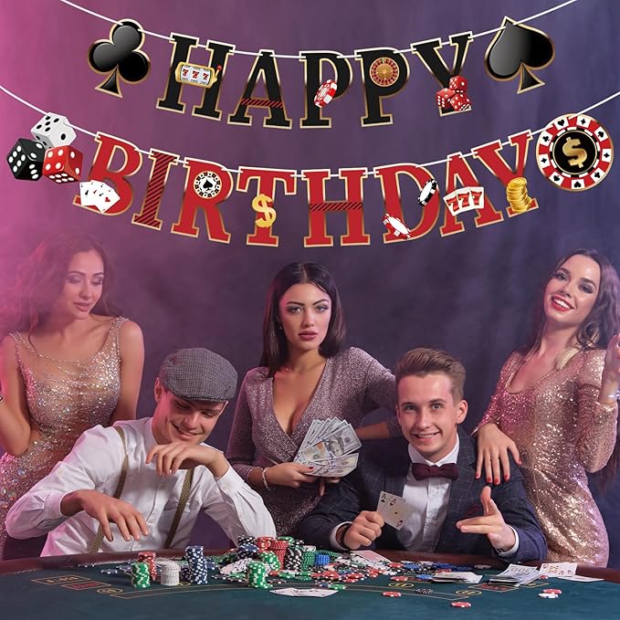 Hooqict Casino Theme Party Decorations Happy Birthday Banner Casino Party Banner Garland for Las Vegas Poker Night Birthday Party Decorations Supplies