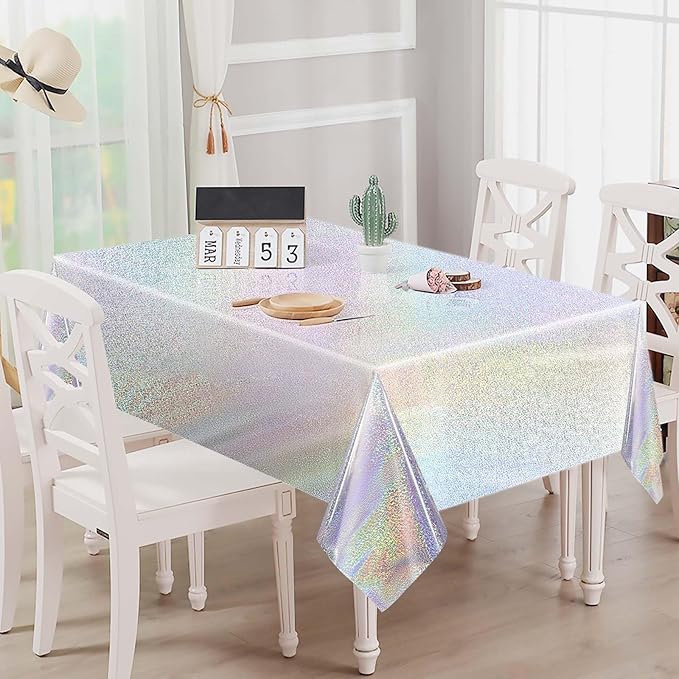 1 Pack Silver Iridescent Plastic Tablecloth Disposable 54 × 108 Inch Glitter Holographic Foil Table Cloth Plastic Laser Rectangle Table Cover for Birthday Wedding Disco Party