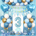 3rd Birthday Decorations Blue White Gold,3rd Birthday Balloons with Happy Birthday Banner Fringe Curtain Heart Foil Balloons for Boys Girls 3 Year Old Birthday Decor