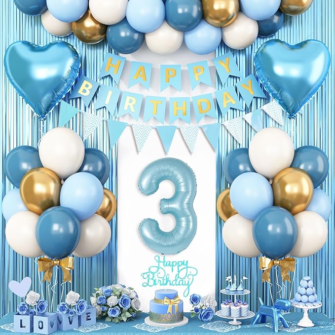 3rd Birthday Decorations Blue White Gold,3rd Birthday Balloons with Happy Birthday Banner Fringe Curtain Heart Foil Balloons for Boys Girls 3 Year Old Birthday Decor