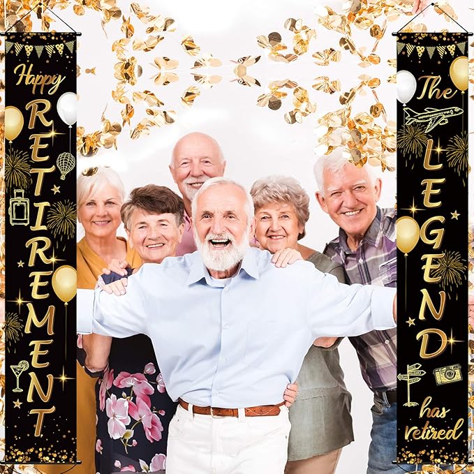 Boao Retirement Porch Sign Door Hanging Banner, Retirement Banner the Legend Fabric Door Sign Background for Retire Party Decoration Supplies, 71 x 12 Inches(Black and Gold)