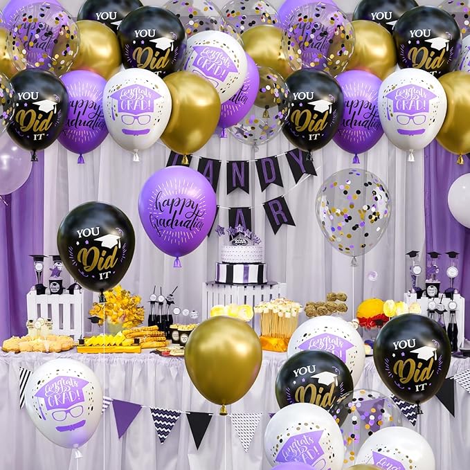 OuMuaMua 74 Pack Graduation Party Decorations Balloons Set - 12 Inch Black Purple Metallic Gold White Confetti Graduation Balloons for Class of 2026 Grad Birthday Party Decor Supplies