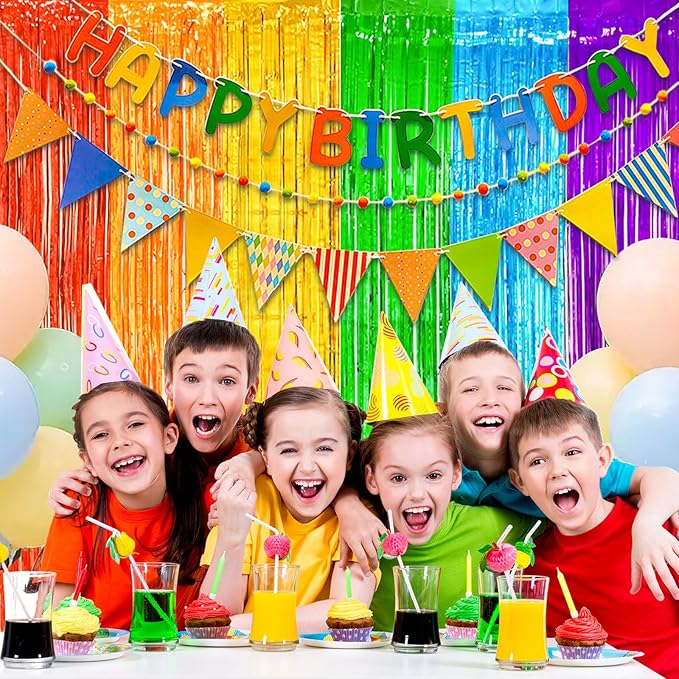 MYUPDALIN 2 Pack Rainbow Foil Fringe Curtains Decorations, Colorful Fringe Backdrop, Birthday and Dance Party Backgrounds