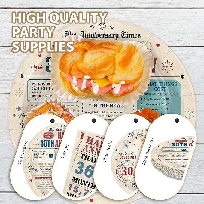 96Pcs 30th Anniversary Party Decorations Retro 30 Years Plates and Napkins 30th Anniversary Disposable Tableware Set for Vintage 30 Year Wedding Company Party Supplies Serves 24