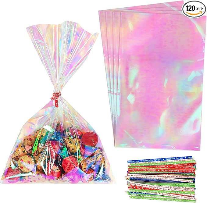 HRX Package 120pcs Iridescent Cellophane Treat Bags with Ties, 6x9 inch Holographic Plastic Goody Bags for Candy Party Favors Small Gifts