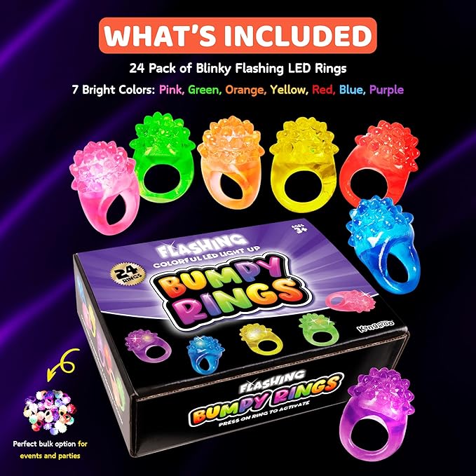 Kangaroo 24 Pack LED Light up Rings for Kids Bulk - Flashing Colorful LED Finger Lights Party Favors for Fun - Glow in the Dark Bumpy Blinky Rings for Rave Trinkets and Easter Basket Stuffers for kids