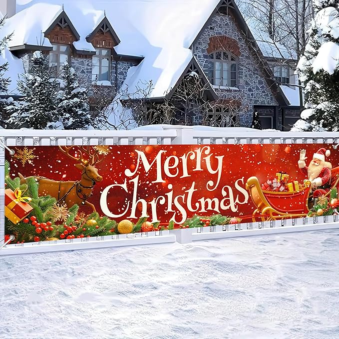 Merry Christmas Banner 79x18 Inches Santa Sleigh and Reindeer Christmas Fence Banner Outdoor Holiday Backdrop for Yard Wall Christmas Door Decorations Large Winter Backdrop Outdoor Display