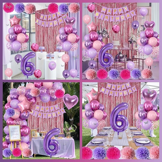 Pink Purple 6th Birthday Party Decorations for Girls Number 6 Balloon Happy Birthday Banner Butterfly Stickers Fringe Curtain Paper Pom Poms Metallic Hot Pink Star Foil Balloons 6 Year Old Princess