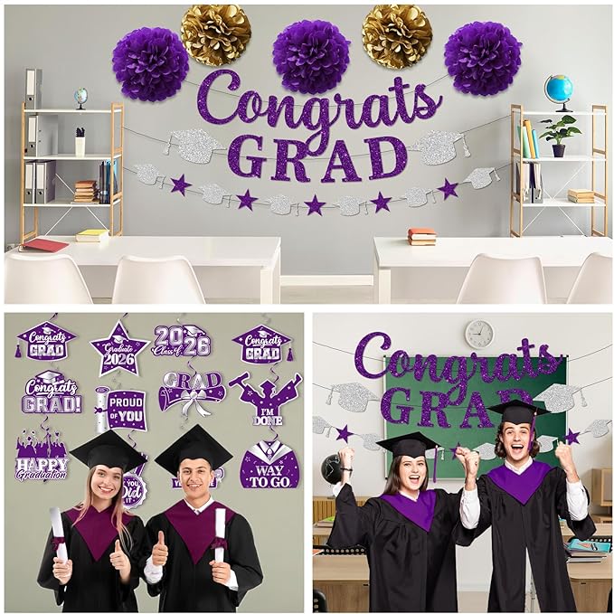 Purple Graduation Decorations, Glitter Congrats Grad Banner Hanging Swirls and Tissue Pom Poms, Purple and Silver Graduation Decorations for Class of 2026 College Graduations Party Decorations