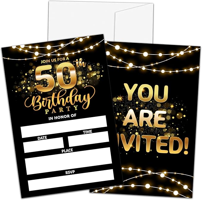 50th Birthday Invitations, Birthday Party Invitations For Women Men, 50 Year Old Birthday Invites, Black Gold Birthday Party Decorations Favors, 20 Invitations with 20 Envelopes - C05