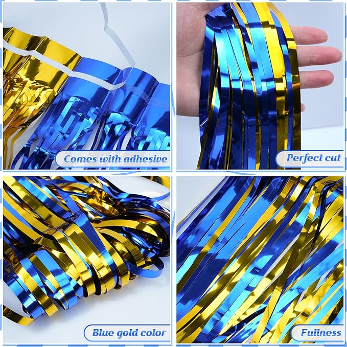 6 Pack 3.3Ft x 6.6Ft Graduation Foil Fringe Curtain Backdrop Decorations, Blue Gold Metallic Tinsel Foil Streamers Curtain Photo Booth Background for Graduation Prom Wedding Birthday Party Decorations