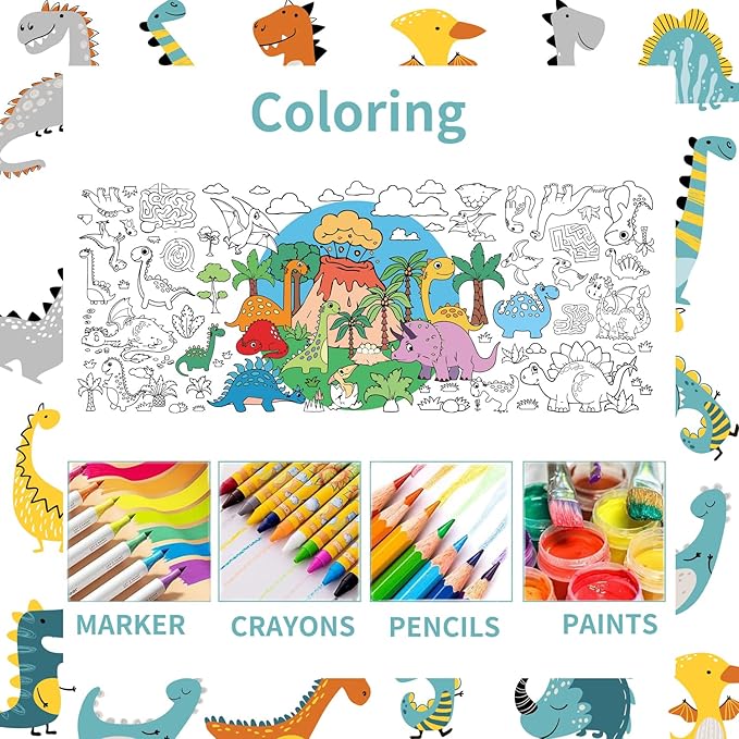30x72 Inches Dinosaurs Giant Coloring Poster, Birthday Gift for Kids, Versatile Classroom Wall Décor & Birthday Activity, Dinosaur Poster/Table Cover for School Parties and Special Events