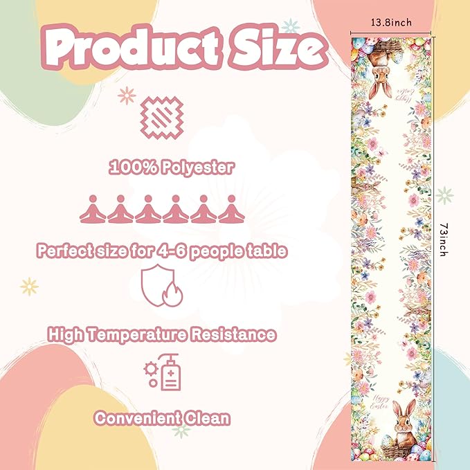 OHOME Easter Decorations - Egg Rabbit Table Runner | Easter Party Decorations Favors Supplies Indoor Outdoor - Spring Backdrop Banner Basket Stuffers for Kitchen Home Dining Table Decor