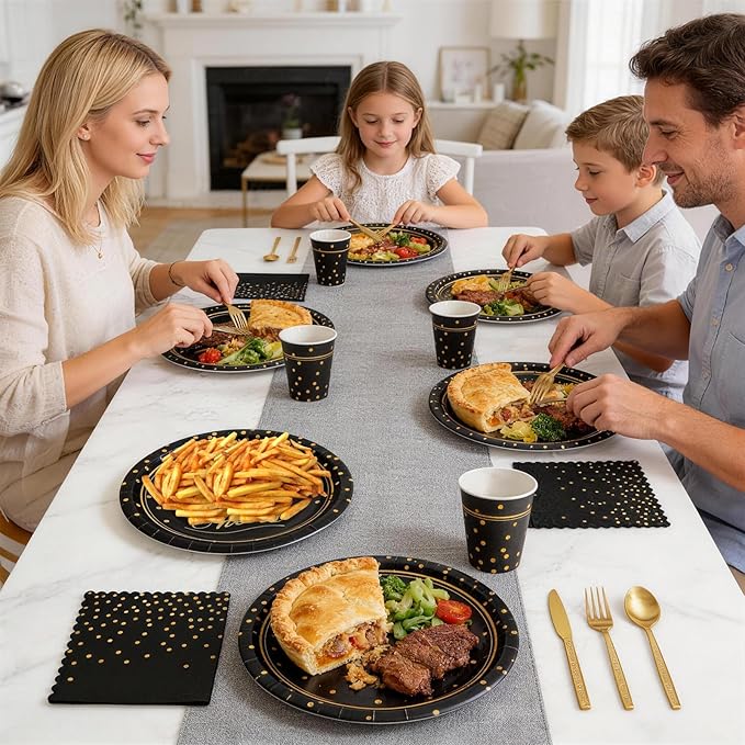 Black Gold Paper Plates and Napkins Party Supplies for 24 Guests, 168 Pcs Disposable Paper Plates with Utensils Set for Black and Gold Graduation Birthday Anniversary Retirement Party Decorations