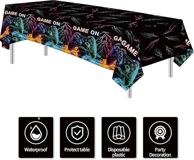 Video Game Party Decorations Tablecloth, 3Pcs Disposable Game On Birthday Party Tablecover Supplies, Gamer Gaming Level Up Birthday Table Cloth Decorations, 55in x 86in