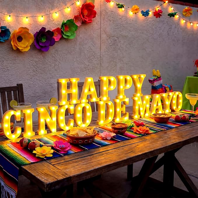Honoson 16 Pcs Happy Cinco De Mayo Light Decorations Mexican Fiesta Party Decorations Table Decor Festival LED Lights up Sign for Mexican Fiesta Party Festival Streamers Home Decor