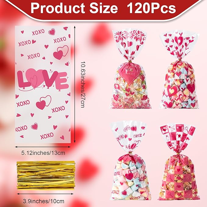 Aegero Valentines Cellophane Bags 120pcs Valentines Candy Bags with 140pcs Twists for Valentine's Candy Cookie Goodie Snack Bag for Valentines Day Wedding Party Favor Supplies,Classroom Parties Valentine04-LOVE and HEART