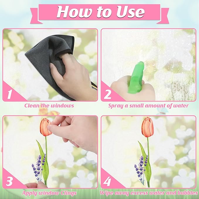 210PCS Spring Window Clings, 9 Sheet Spring Window Clings for Glass Windows with Tulip Flowers Butterfly, Double-Side Decals Stickers Decorations for Home Office Decor