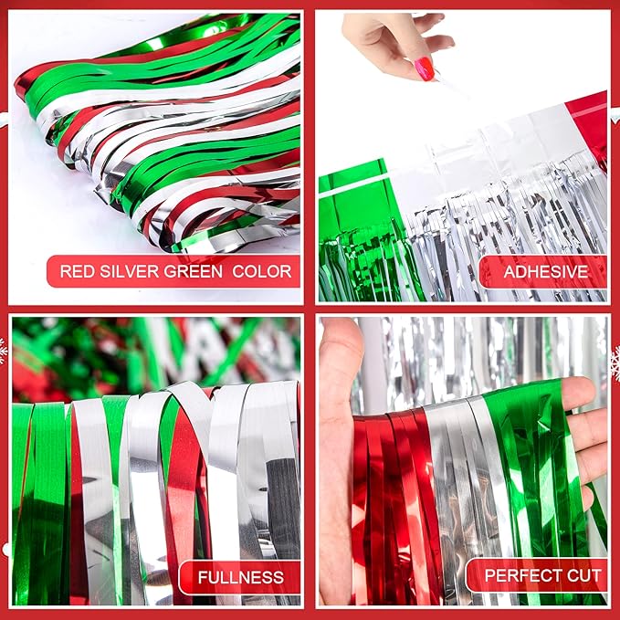 LOLStar 5 Pack Christmas Foil Fringe Curtains Decoration 3.3 X 6.6 ft Red Silver Green Tinsel Fringe Photo Backdrop Streamer for New Year, Ugly Sweater Party