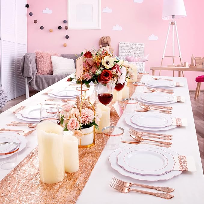 NOCCUR 175PCS Rose Gold Plastic Plates with Disposable Silverware - Include 25Dinner Plates, 25Dessert Plates, 25Forks, 25Knives, 25Spoons, 25Cups, 25Napkins for Party/Easter Day