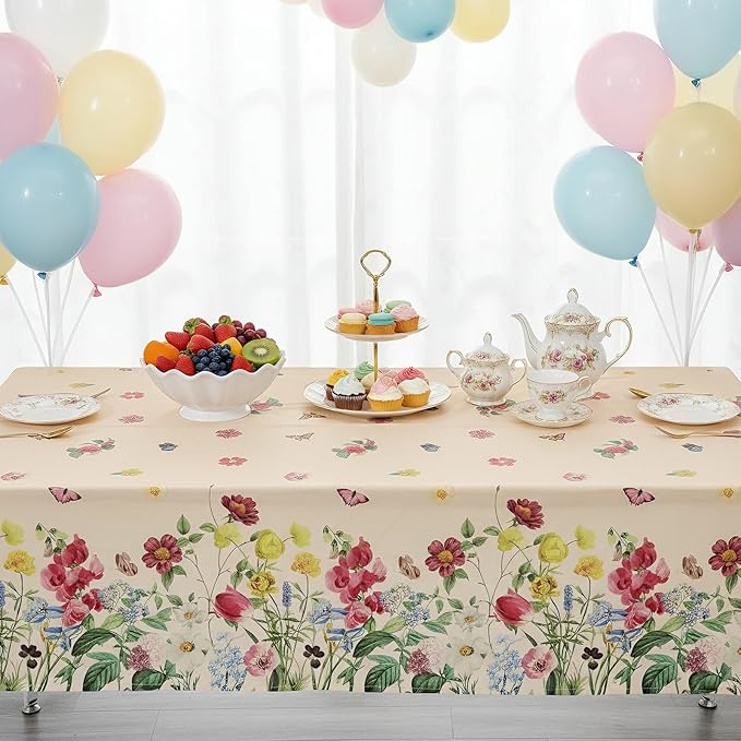 3 Pack Spring Floral Plastic Tablecloths, 54×108Inch Tea Party Tablecloth Rectangle Vintage Table Cloth Butterfly Wildflower Porcelain Table Decor for Easter Mother's Day Birthday Garden Wedding