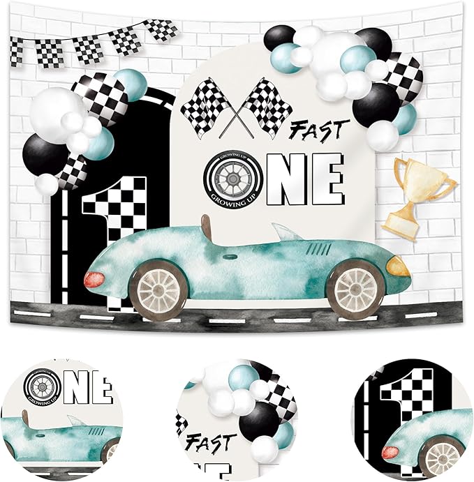 Imirell Fast One 1st Birthday Backdrop 7Wx5H Feet Kids Boys Racing Car Teal Black White Plaid Flag Cool Polyester Fabric Bday Cartoon Cute Photography Backgrounds Photo Shoot Decor Props Decoration