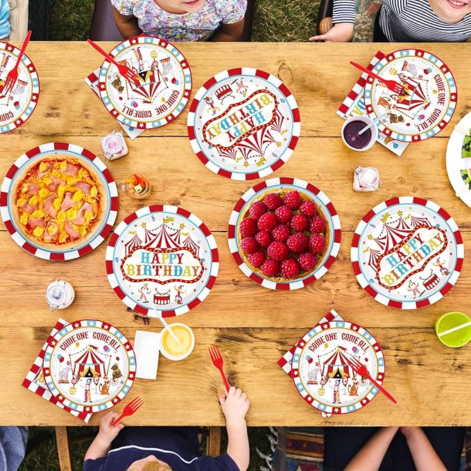 96Pcs Carnival Birthday Party Decorations Christmas Carnival Circus Birthday Plates and Napkins Tableware Sets Circus Theme Decoration Favor for Kids Boy Girls Xmas Bday Baby Shower Supplies Serves 24