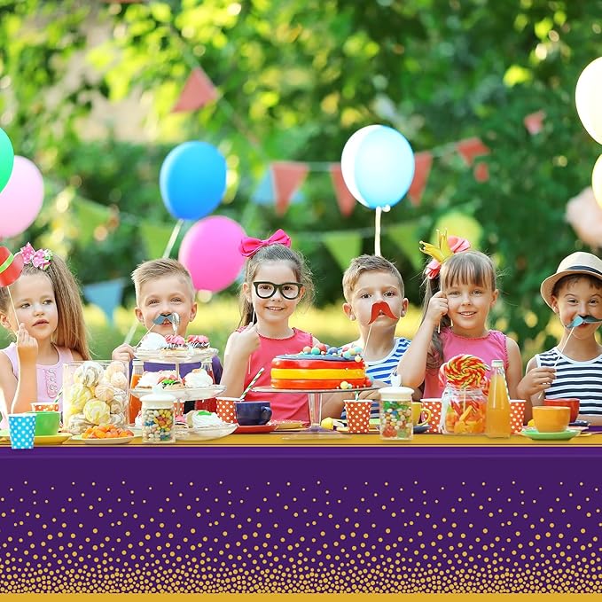 2 Pack Purple and Gold Tablecloth Party Decorations Plastic Purple Tablecloth Printed Gold Table Runner 54 x108 Inch Disposable Rectangle Table Cover for Birthday Wedding Graduation