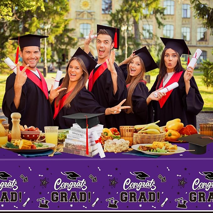 2 Pack Graduation Tablecloth - Congrats Grad Table Cloths, Plastic Disposable Rectangle Purple Class of 2026 Table Cover for Graduation Tables Decorations Party Decor Supplies Favors,108 x 54 Inch