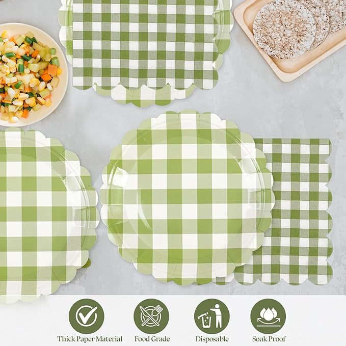 50PCS Sage Green Gingham Party Supplies - 7Inch Sage Green Scalloped Dessert Paper Plates and Napkins Set Disposable Plaid Dinner Party Set Cutlery for Baby Shower Birthday Wedding, Serve 25