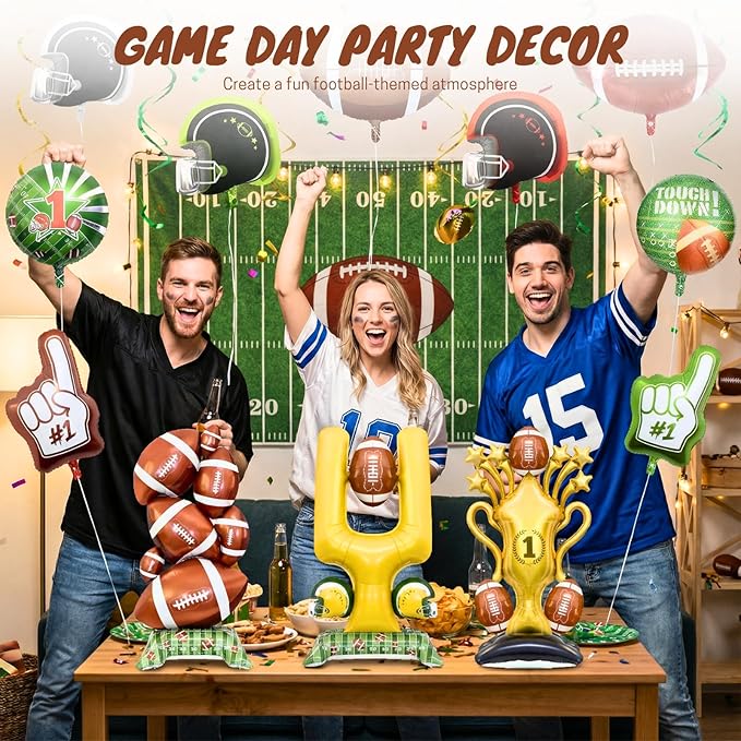 Football Party Decorations Balloon Set, 16PCS 59in Jumbo Foil Football Balloons with Trophy, Field Goal Post, Helmets & #1 Finger – Game Day Big Game Decorations for Birthday, Sports Party (Style 1)