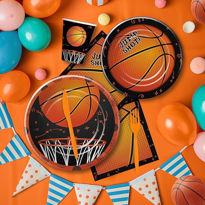 Basketball Party Decorations Tableware - Sports Theme Basketball Birthday Party Supplies, Paper Plate, Cup, Napkin, Tablecloth, Disposable Cutlery, Banner | Serves 24