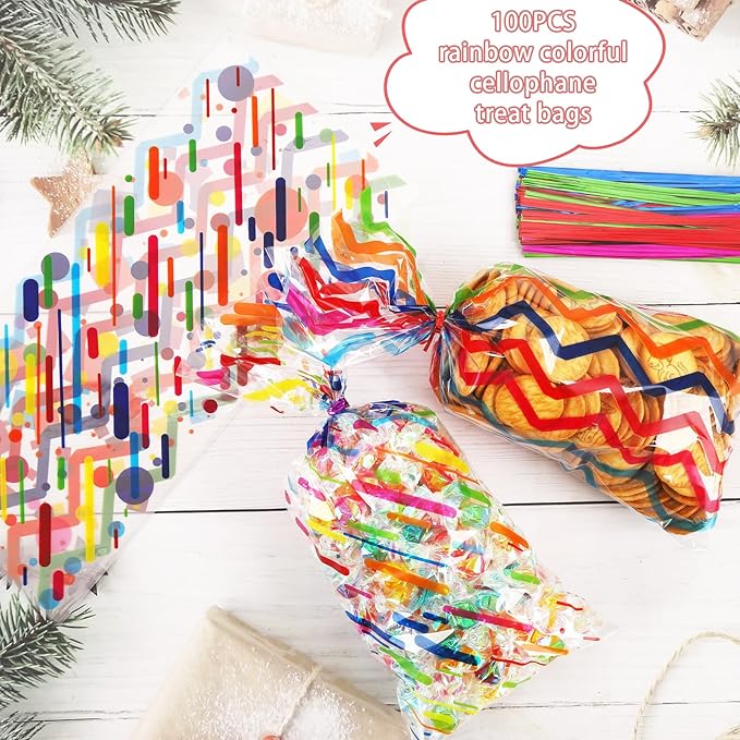 SOMIOCO Rainbow Cellophane Treat Bags Party Favor Bags 5x11 in 100 Pieces Plastic Candy Bags Gift Bags Goodie Bags with Twist Ties for Valentine, Birthday,Cookie Snack Packing Party Bags (4 Pattrerns)