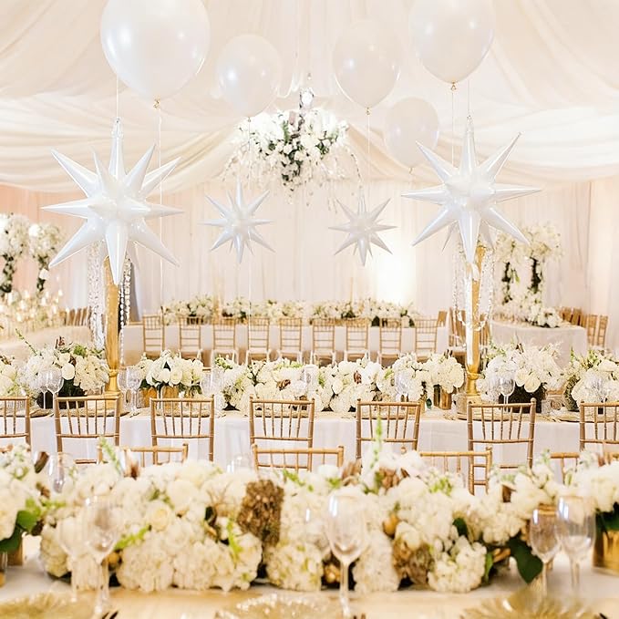 6PCS White Star Balloons, 22Inch Huge White Explosion Star Balloons Spike Cone Foil Balloon for Wedding Engegament Baptism Baby Shower Bridal Shower Birthday Party Supplies