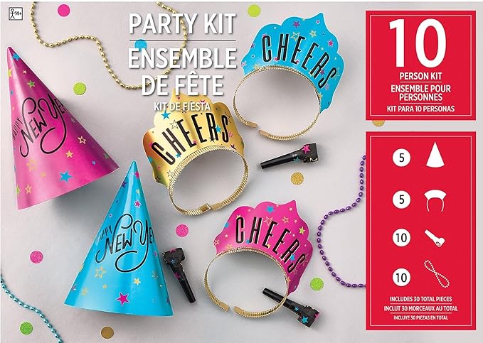 Party City Starlight New Year's Eve 2025 Party Kit Includes Hats, Necklaces, Blowouts, Squawkers, Horns (10 Person)