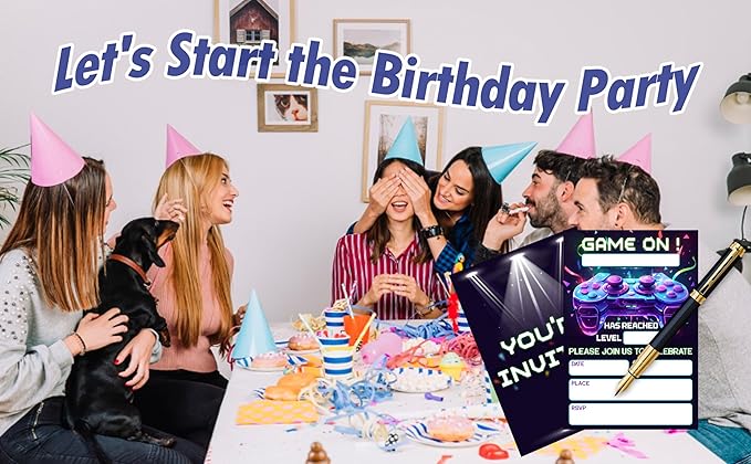 CLIRBE Games Birthday Party Invitations, Glow Neon Game On Birthday Invitations For Brother Bro Teen Boys Girls, 20 Invites Cards With 20 Envelopes, Party Supplies Favors -H11