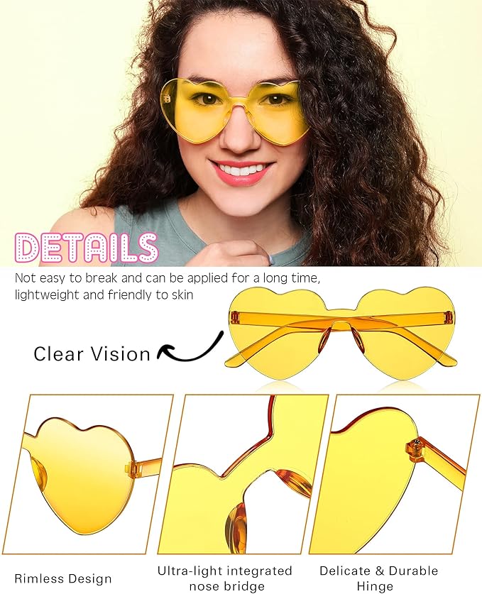 Photect 12 Pair Heart Shaped Sunglasses Neon Color Transparent Heart Glasses for Women Party Favor