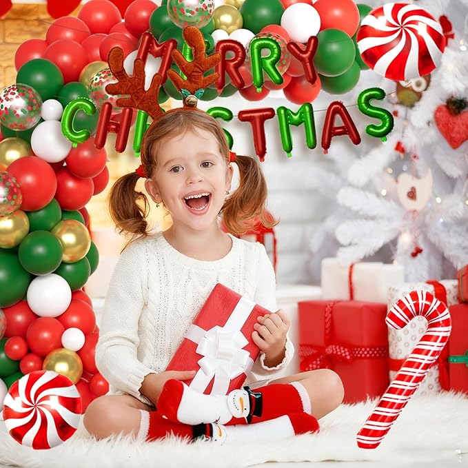 Christmas Party Decorations Christmas Balloon Arch Kit with Metallic Fringe Curtains, Merry Christ mas Banner and Candy Cane Balloons for Friendsmas Xmas Birthday Party Decorations